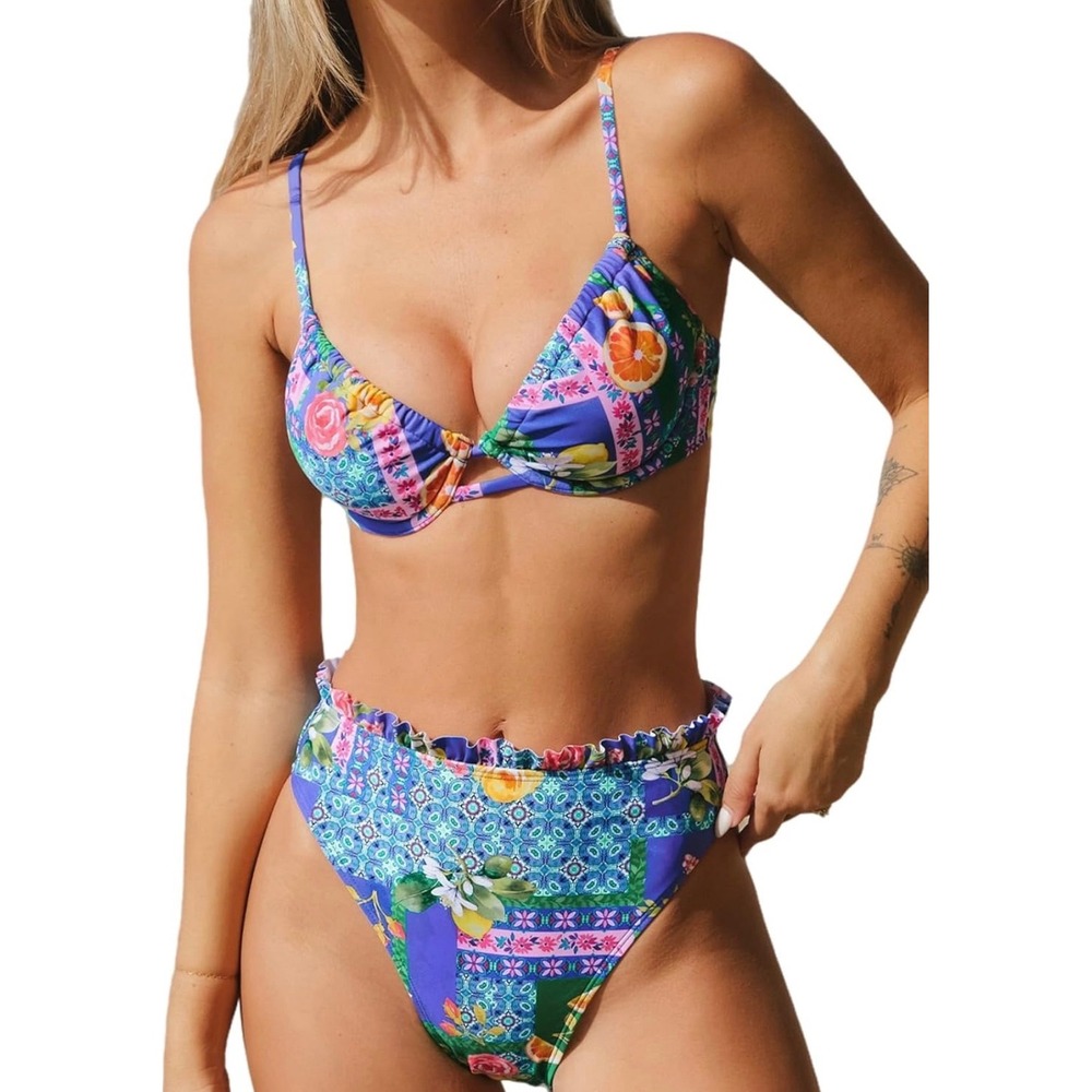 Cupshe  Blue Floral Citrus Patchwork Underwire High Waist Bikini Set NEW